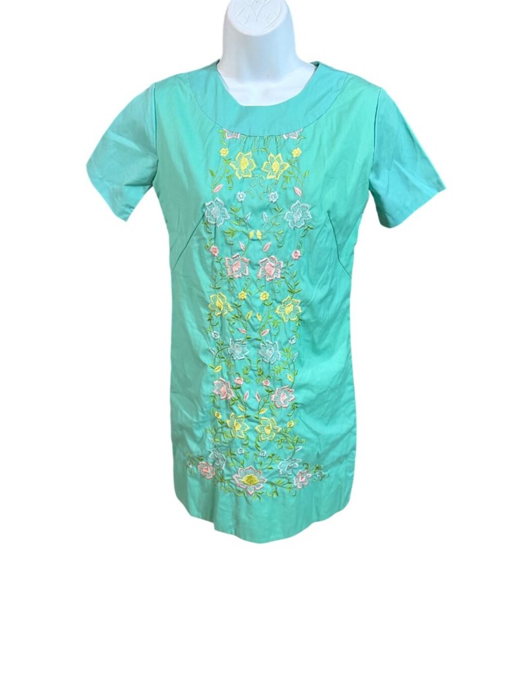 Vintage 1960s Handmade Embroidered Turquoise Short-Sleeve Shift Dress With Flora